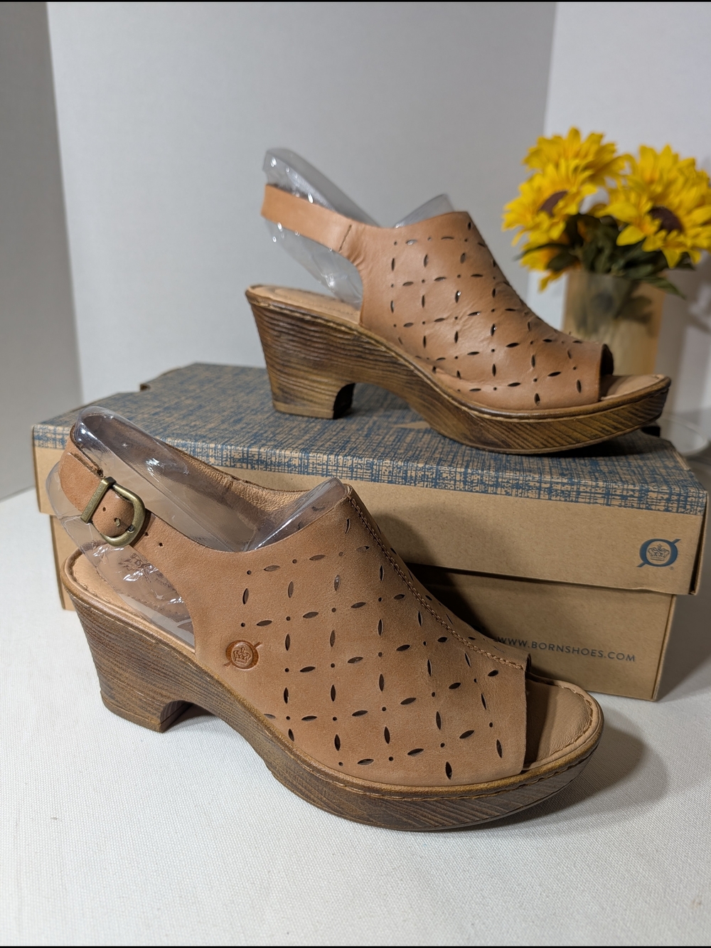 BORN Tan Leather Perforated Wedge Sandals - Picture 3 of 12